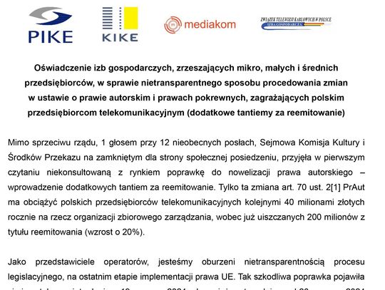 Zagrożenia dla Polskich Przedsiębiorców Telekomunikacyjnych wynikające z Nowelizacji Prawa Autorskiego