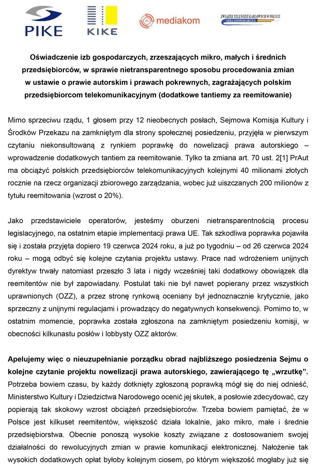 Zagrożenia dla Polskich Przedsiębiorców Telekomunikacyjnych wynikające z Nowelizacji Prawa Autorskiego