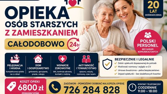 Opiekunka z zamieszkaniem do seniora - opieka całodobowa